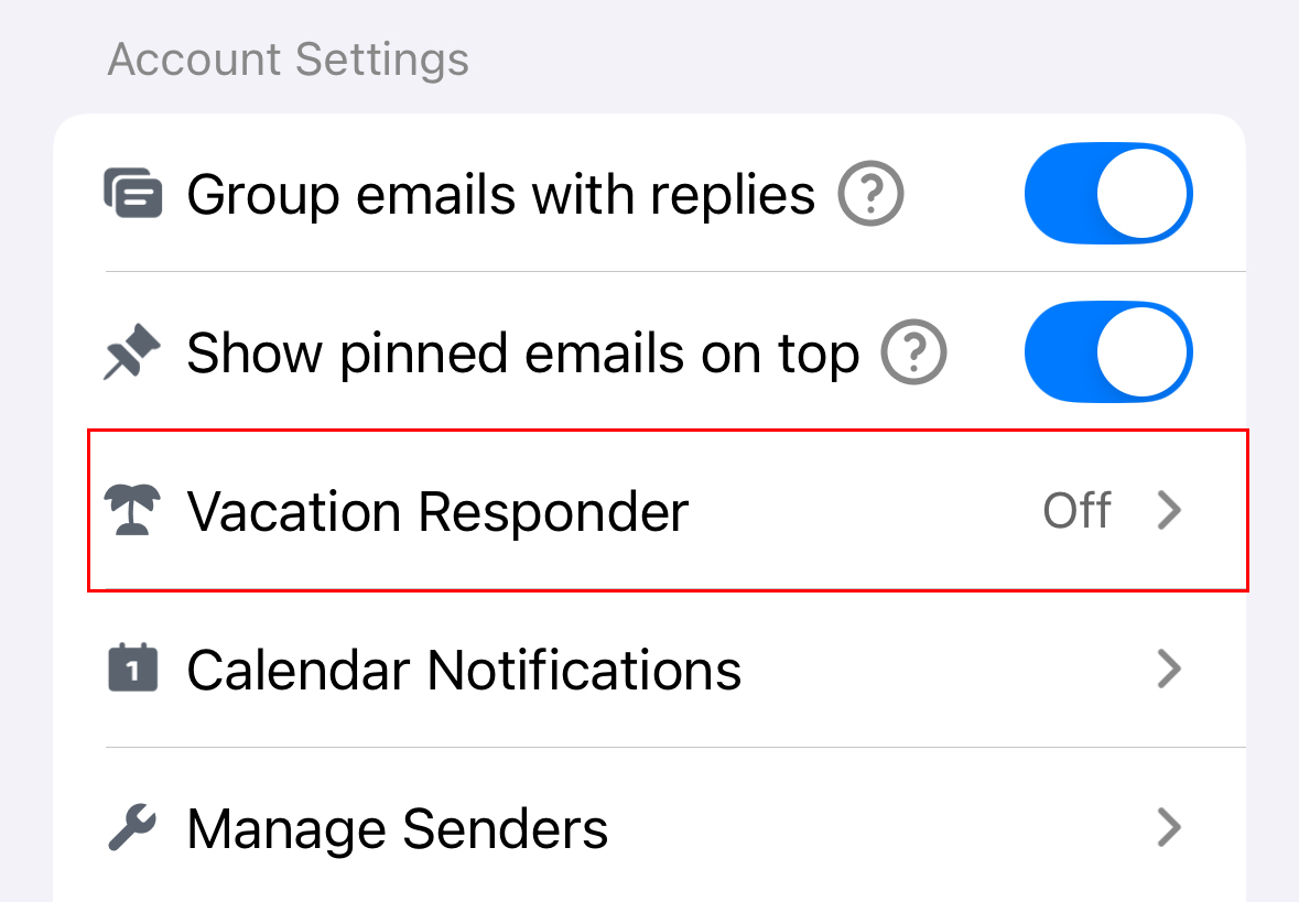 The Vacation Responder setting highlighted under Account Settings.
