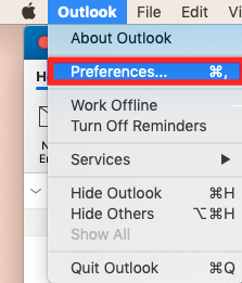 Wählen Sie Outlook und dann die Option Einstellungen