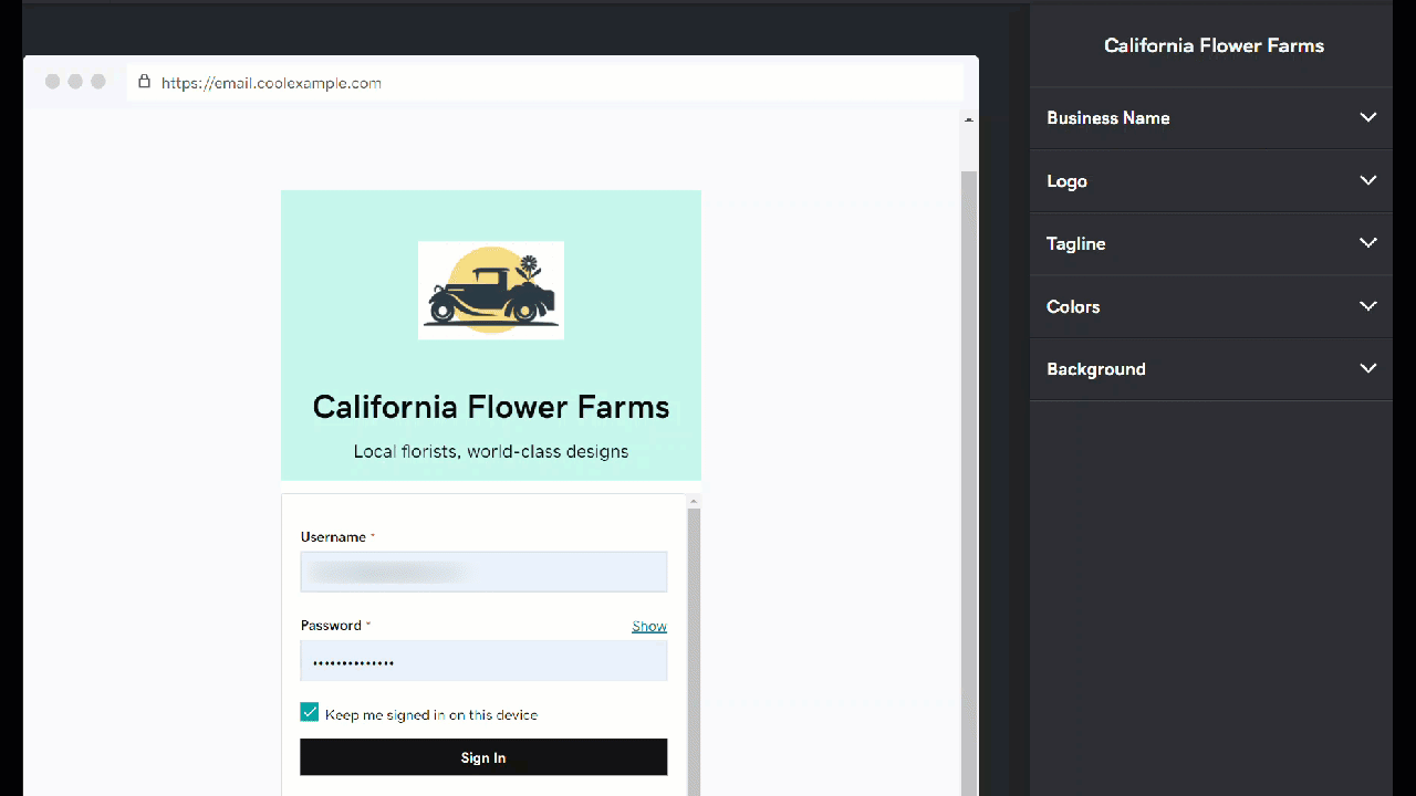 Overview of branded sign-in page for California Flower Farms