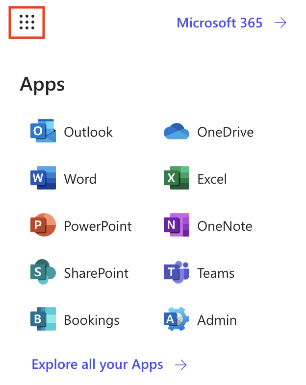 왼쪽 상단 모서리에있는 메뉴가 강조 표시된 Microsoft 365 앱 목록입니다.