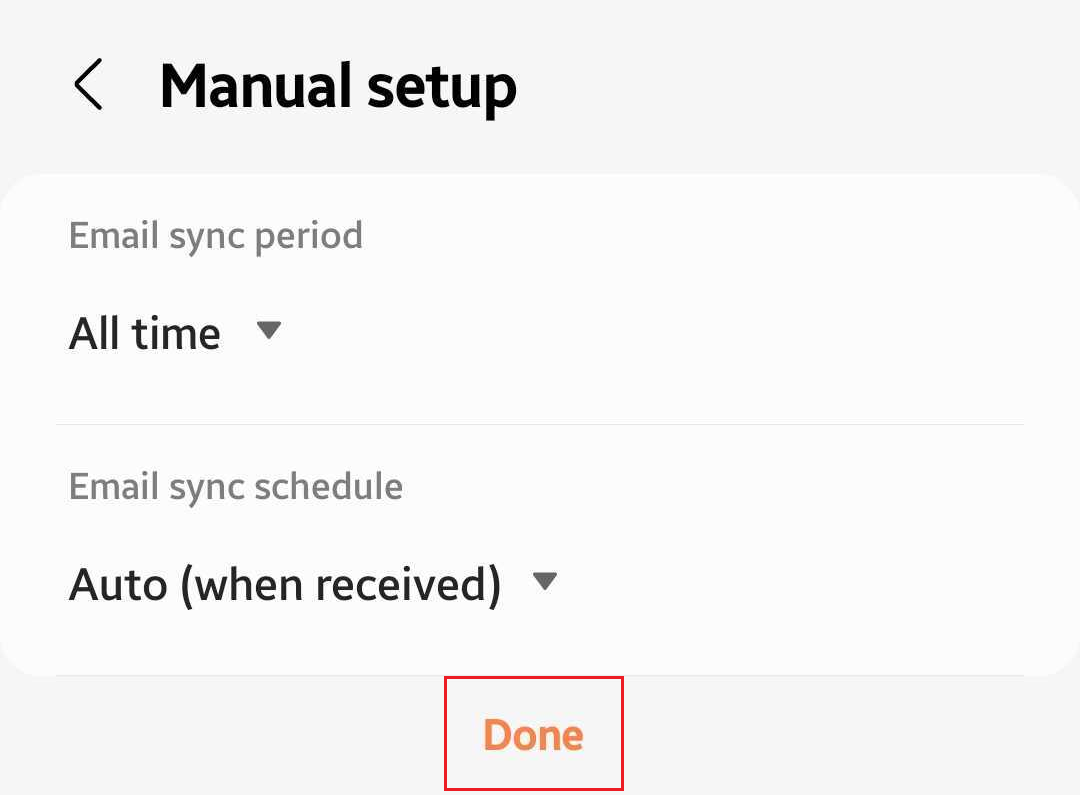 Email sync period(이메일 동기화 기간) 및 Email sync schedule(이메일 동기화 예약)을 선택하고 Done(완료)을 탭하기