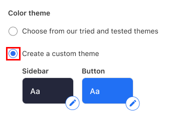 The color theme section of the Branding page with the Create a custom theme option highlighted.