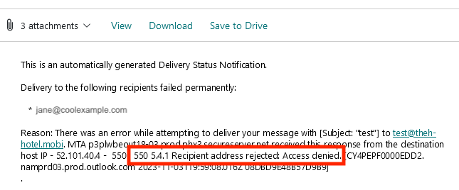 Exemplo de uma devolução 550 5.4.1. Endereço do destinatário rejeitado ao enviar uma mensagem do Email Profissional para o Microsoft 365