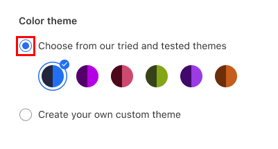 The color theme section of the Branding page with the Choose from our tried and tested themes option highlighted.