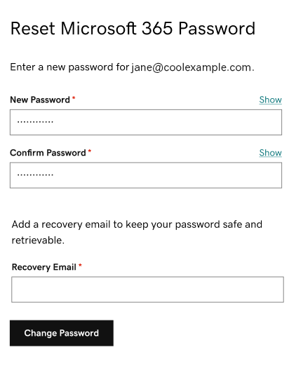 The password reset screen with fields to enter a new password and a recovery email.