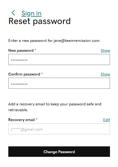 enter a new password and a recovery email address