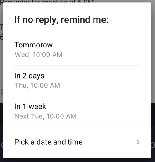 The options for picking a date and time for a reminder.