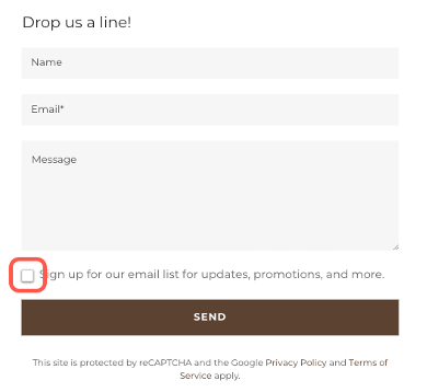 Screenshot of a part of a Contact Us section with the email signup box outlined in red
