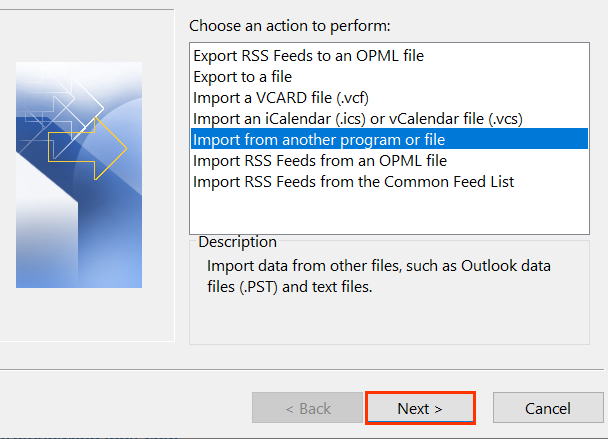 В разделе Выберите действие для выполнения выберите Импорт из другой программы или файла.