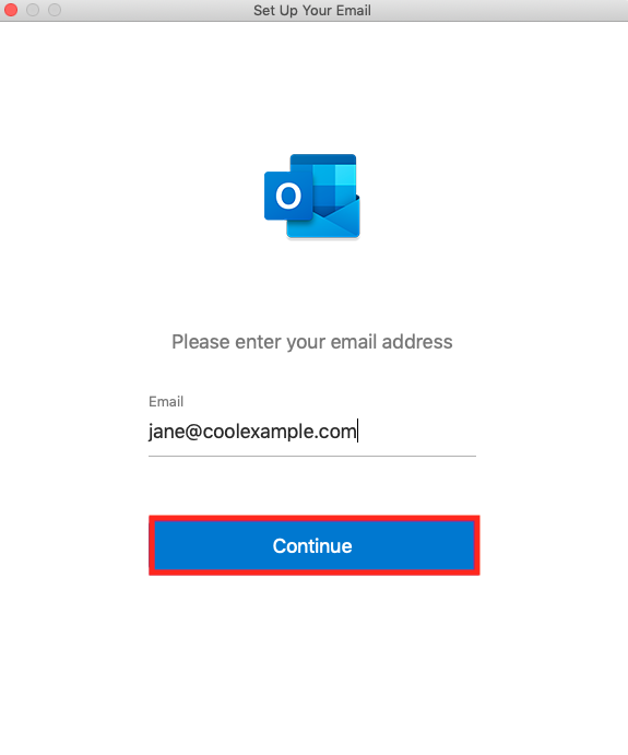 Inserisci il tuo indirizzo email e seleziona Continua