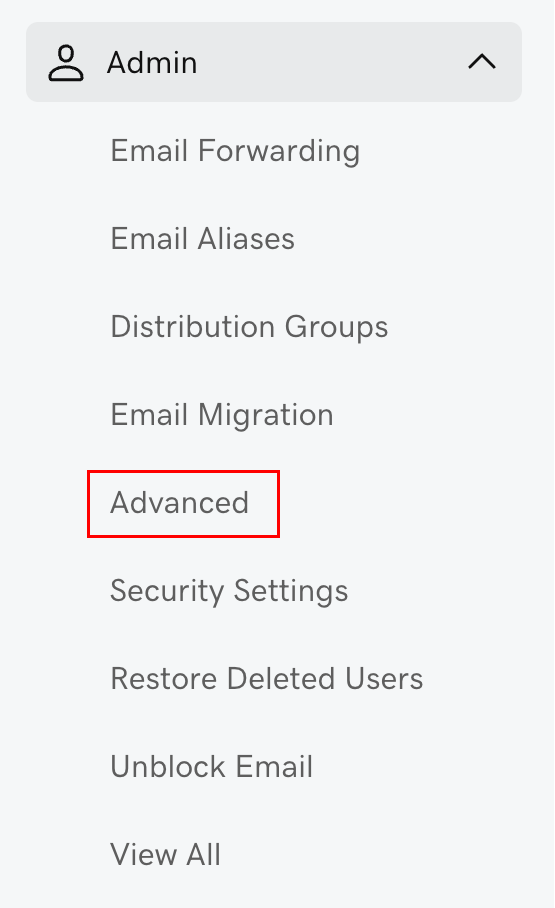 The Admin menu expanded with Advanced highlighted.