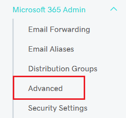 Wählen Sie m365 admin aus, um die Option Erweitert unten anzuzeigen