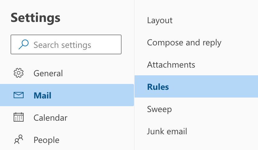 The settings menu showing Mail on the left and Rules selected to the right.