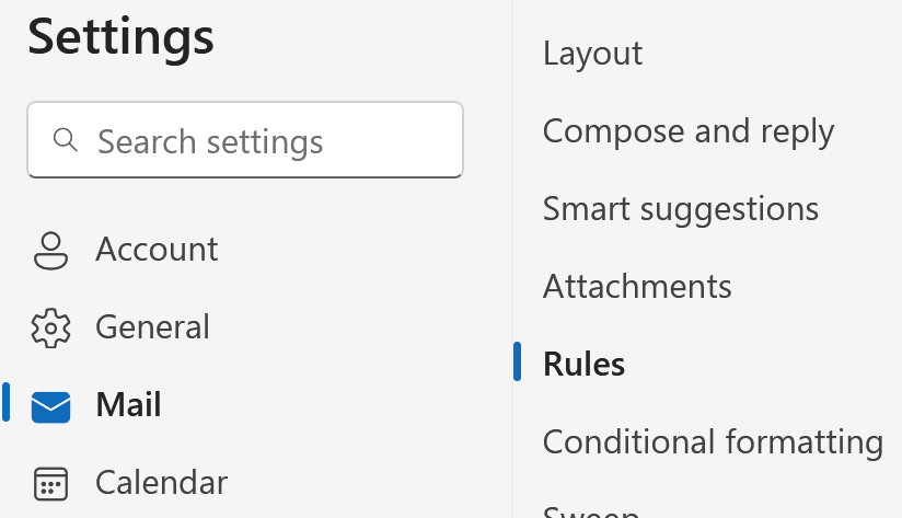 The settings menu showing Mail on the left and Rules selected to the right.