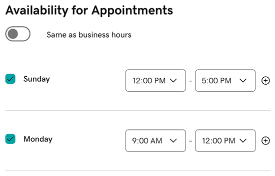 Staff member availability differs from business hours