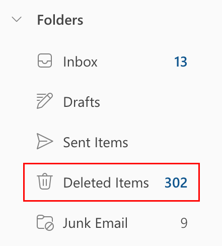 The Deleted Items folder highlighted.