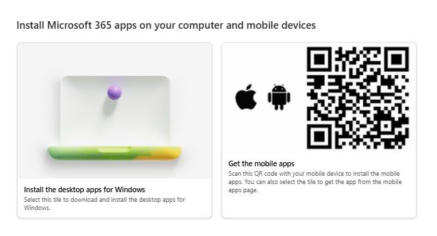 The section of the Install the Microsoft 365 apps page that has buttons for installing desktop apps or mobile apps.