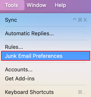 Select Tools and then Junk email preferences