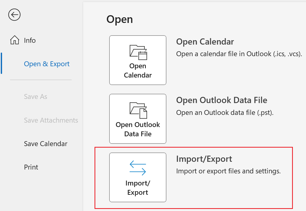 Abrir y exportar en el panel izquierdo y botón Importar/Exportar