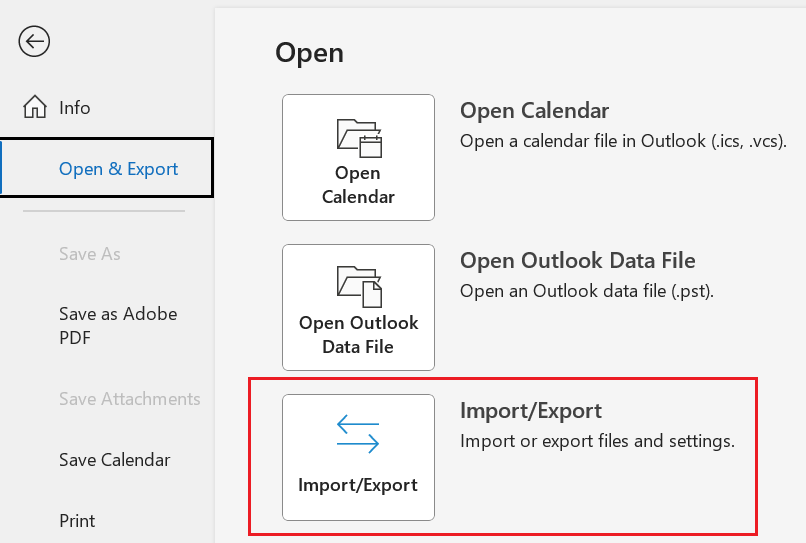 Öppna & Exportera i vänster panel och Importera / Exportera-knappen