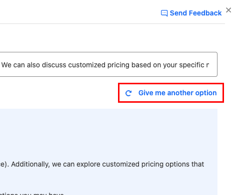 An example of an email refined by Smart Write with the Give me another option button highlighted.
