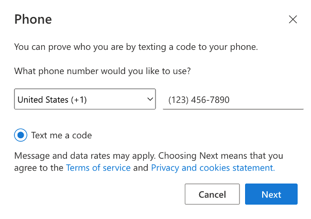 O modal de telefone com um número de telefone introduzido e a caixa de verificação Enviar-me um código por mensagem de texto selecionada.