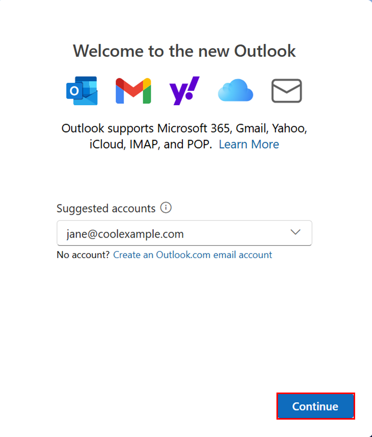 The Welcome to the new Outlook window with the Continue button highlighted.