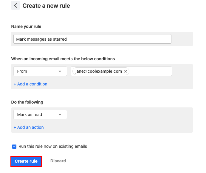 The Create a new rule page with an example rule added and the Create rule button highlighted.