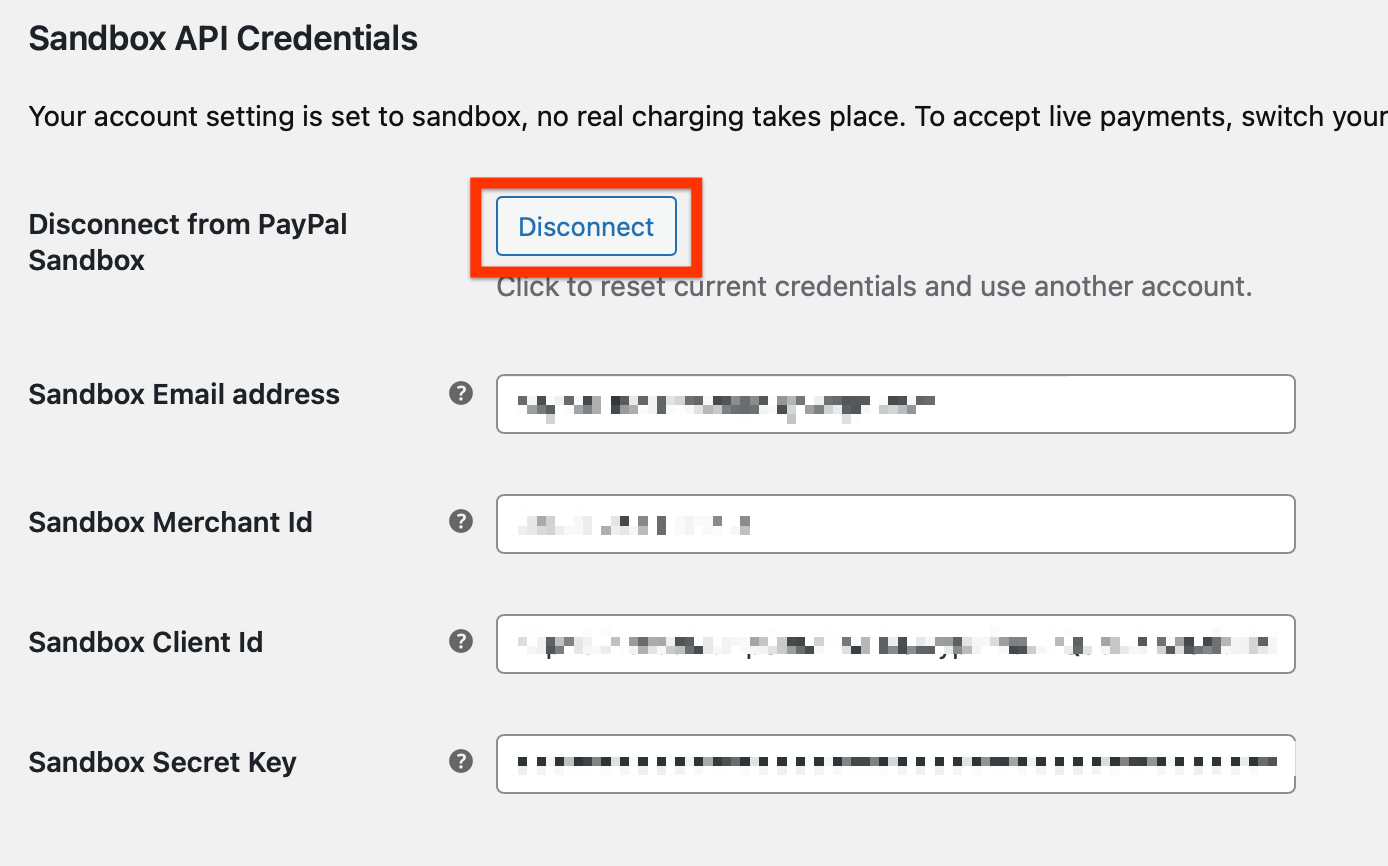 Mostrar o botão de desconexão das configurações de API de pagamentos do PayPal