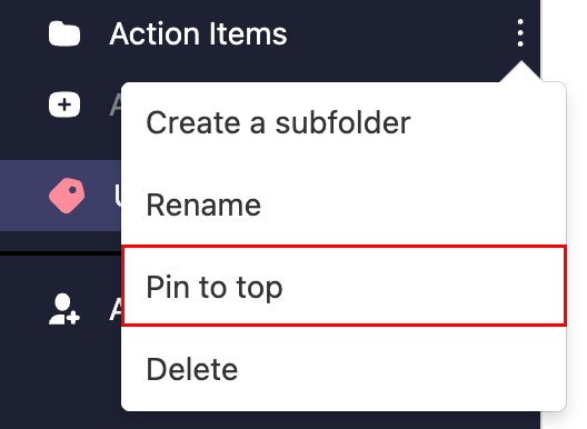The More actions menu opened with the Pin to top button highlighted.