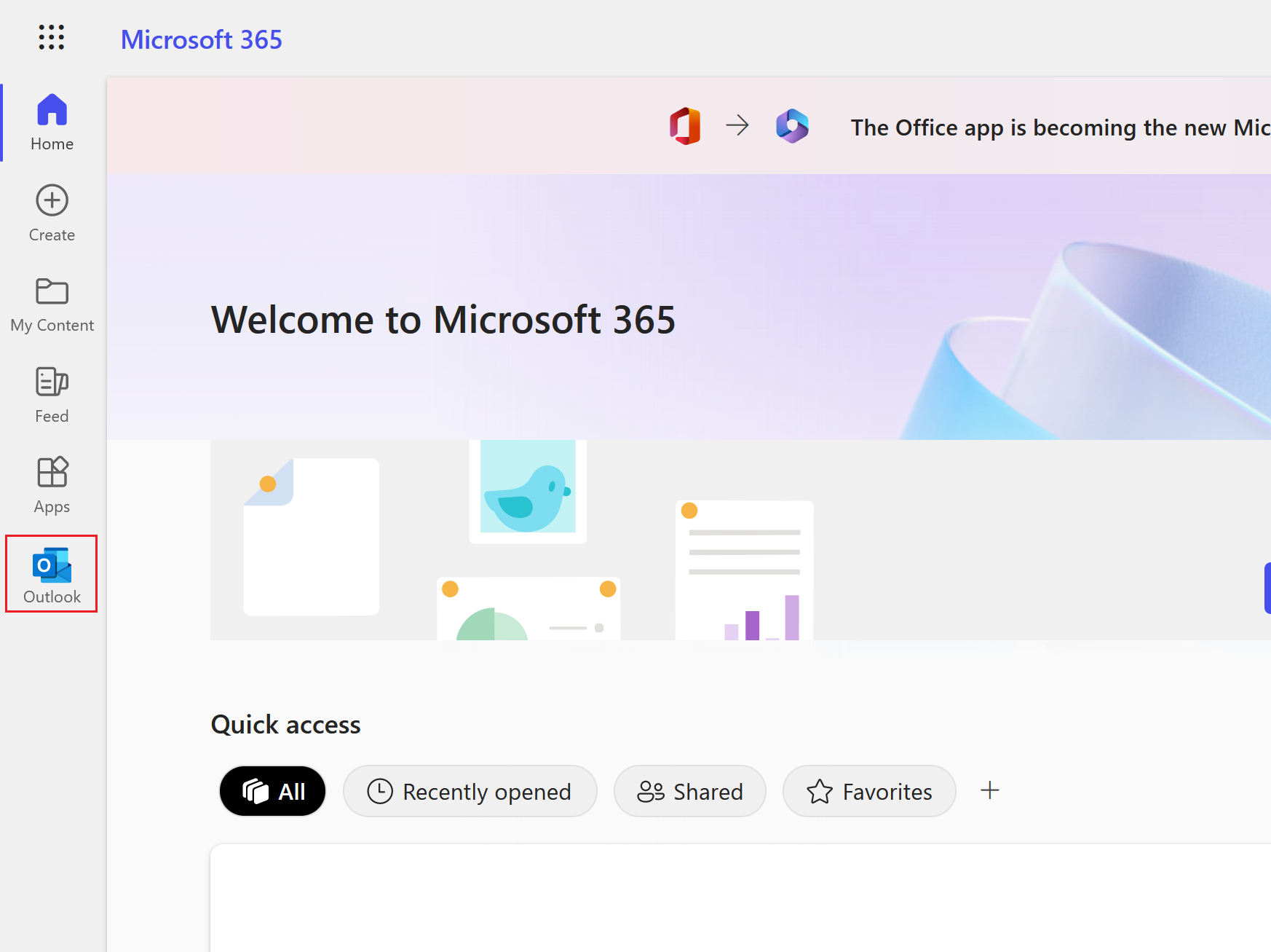selecione o ícone do Outlook para abrir sua caixa de entrada