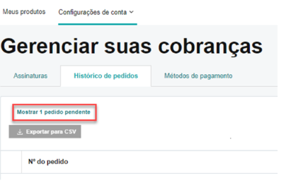 Conta de usuário mostrando um link para pedidos pendentes