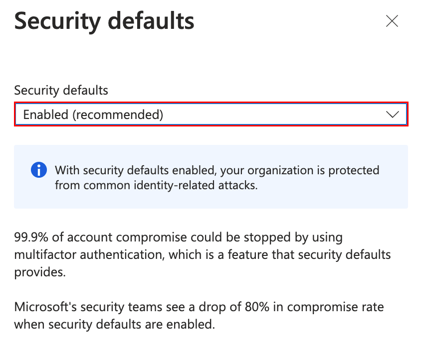 The dropdown menu for security defaults.