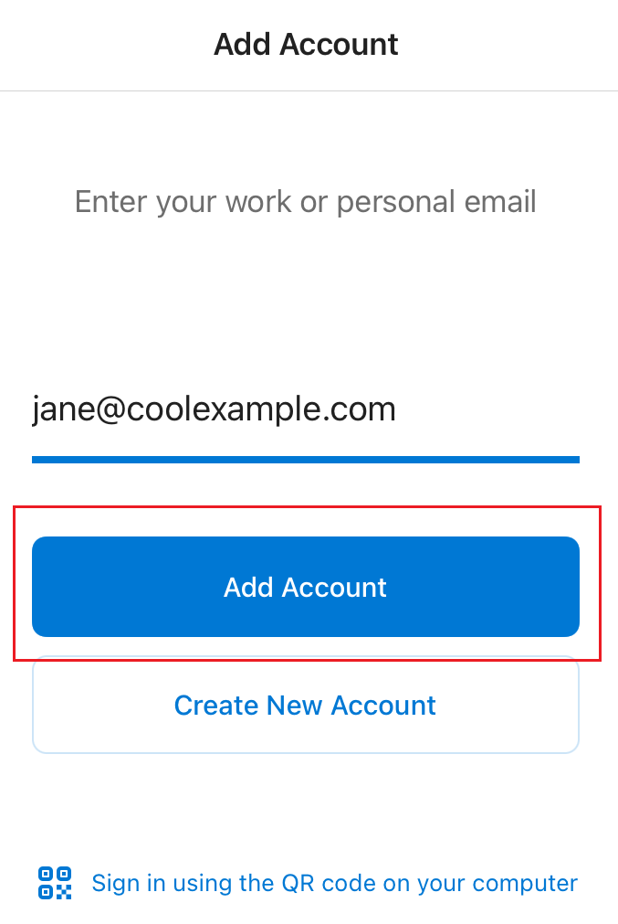 Nhập địa chỉ email và chạm vào thêm tài khoản