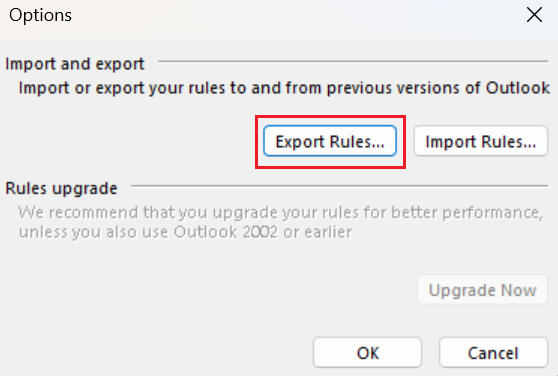 The Options modal with the Export Rules button highlighted.