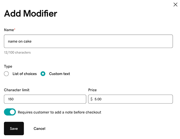 create custom text add-on choice