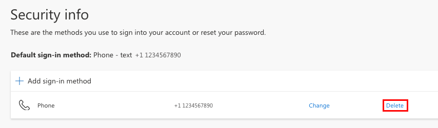 The Security info page with the Delete button highlighted next to the sign-in method.