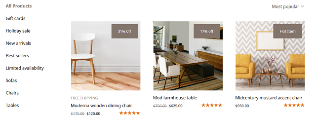 Screenshot of images showing in an online store with labels like 31% off or Hot Item. These labels are a result of the smart ribbon.