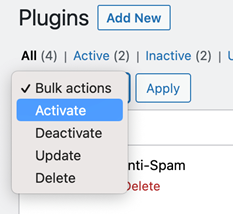 Attivazione e disattivazione dei plug -in dalla dashboard di WordPress