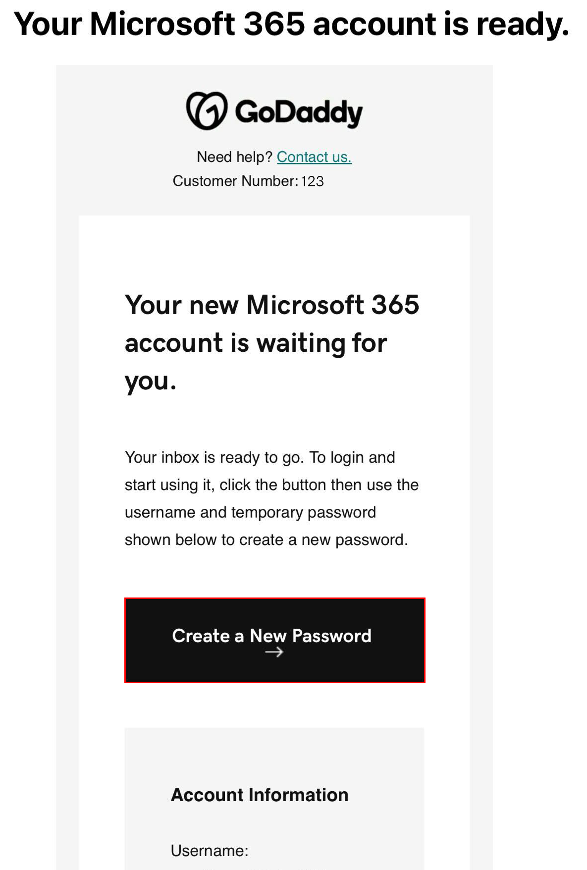 An example of the email that's sent when an email address is created and a temporary password is sent.