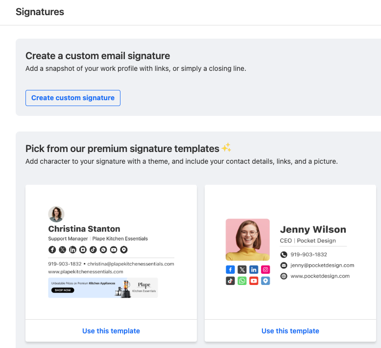 The Signatures page with the option to either create a custom signature or signature with a template.