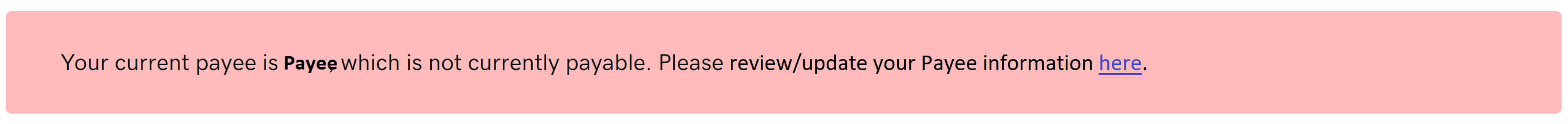 Pink banner with a payee-related error message