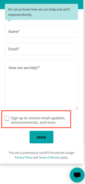 Screenshot of a messaging button box with the email signup box outlined in red