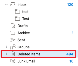 The folder list in Outlook with the Deleted Items folder highlighted.