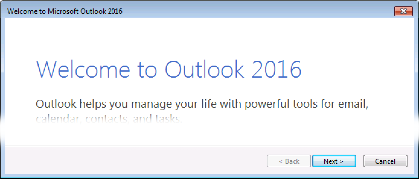 Tela de introdução do Outlook 2016