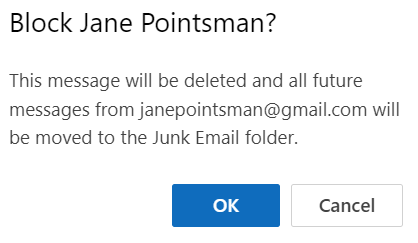 Select Ok to confirm the blocked sender
