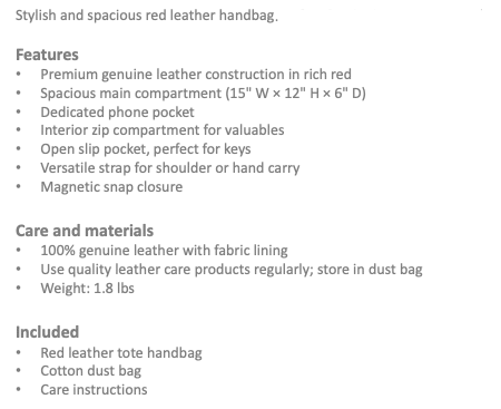 Product description giving enough detail to be helpful