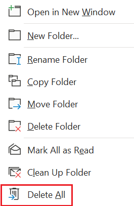 フォルダを右クリックし、Outlookデスクトップアプリで「すべて削除」を選択する
