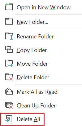Faites un clic droit sur le dossier, sélectionnez Tout supprimer dans l’application de bureau Outlook