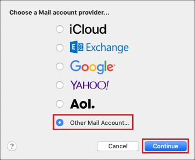 다른 Mail 계정을 선택하고 계속을 클릭합니다.